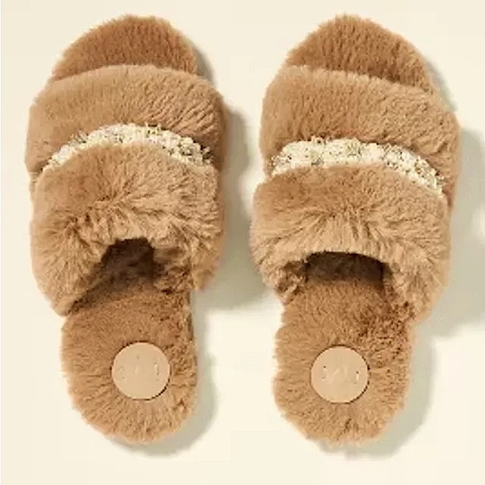 Anthropologie faux fur jewelled slippers